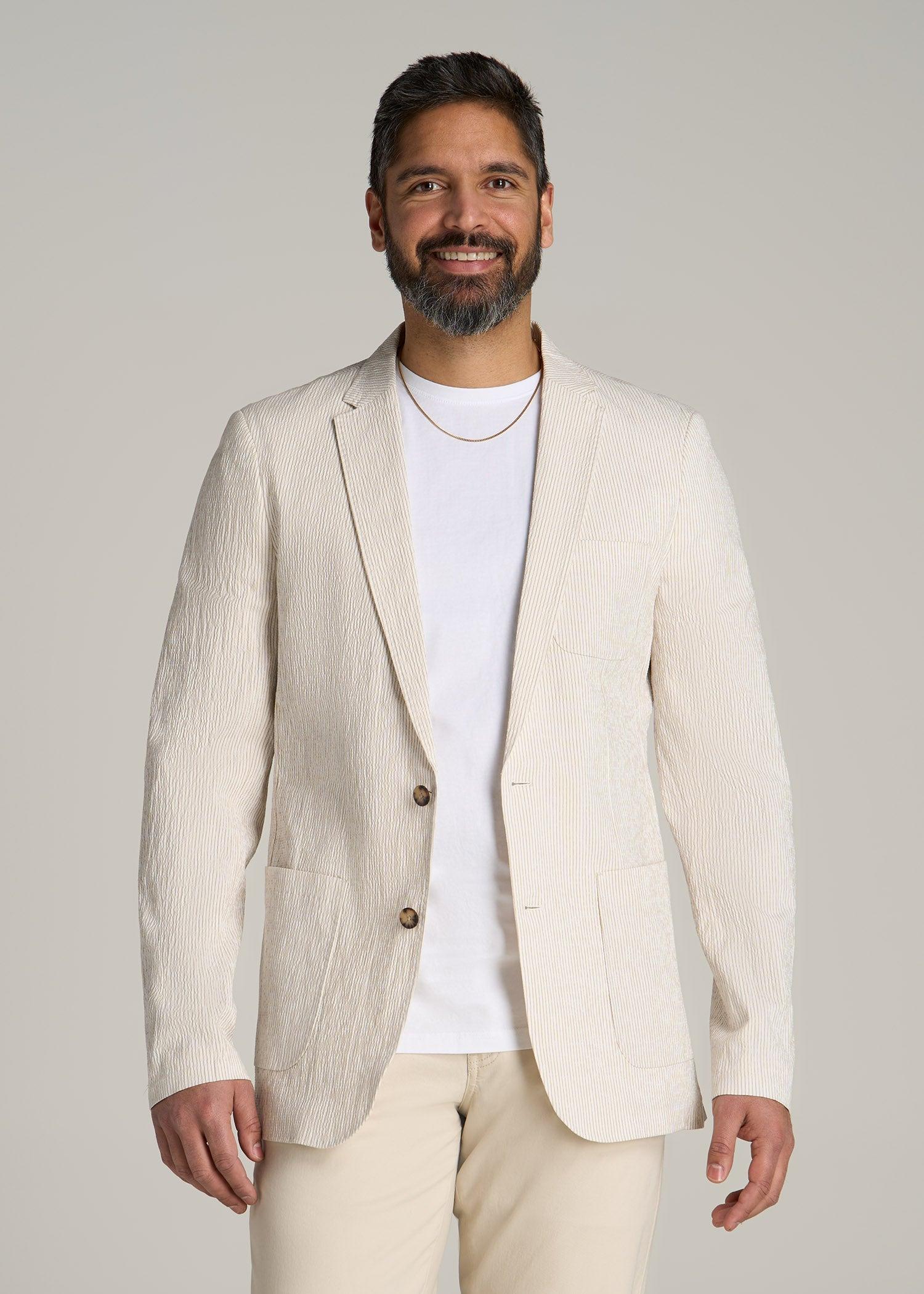 Stretch Seersucker Blazer for Tall Men in Off White and Beige Stripe Male Product Image
