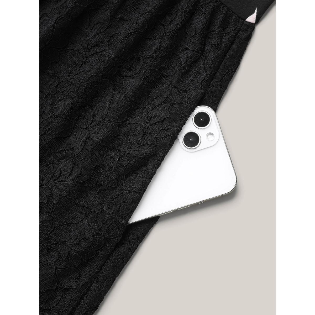 Plus Size Floral Panel Surplice Pockets Midi Dress Black Women Elegant Texture Overlap Collar Short sleeve Curvy BloomChic 12/L Product Image