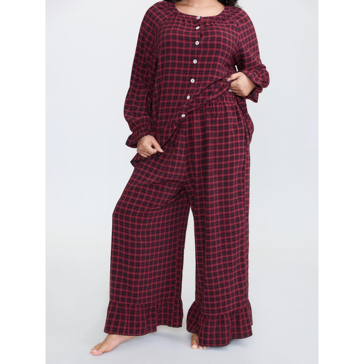 Plus Size Gingham Ruffled Hem Loungewear Set Women Multicolor Button Extra Long Sleeve Round Neck Leisure Loungewear Sets BloomChic 18-20/2X Product Image