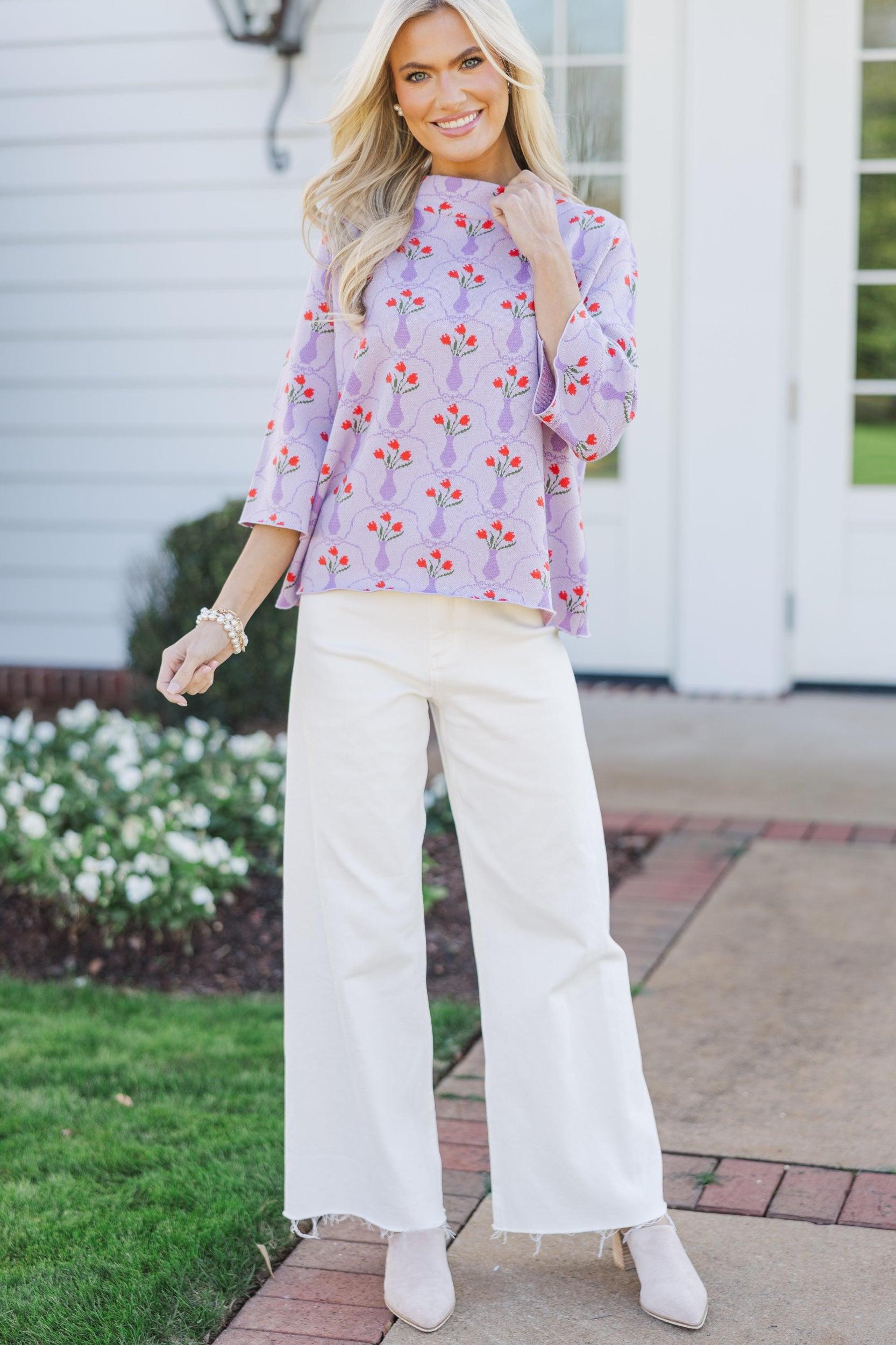 Just A Feeling Lavender Medallion Mock Neck Sweater Female Product Image