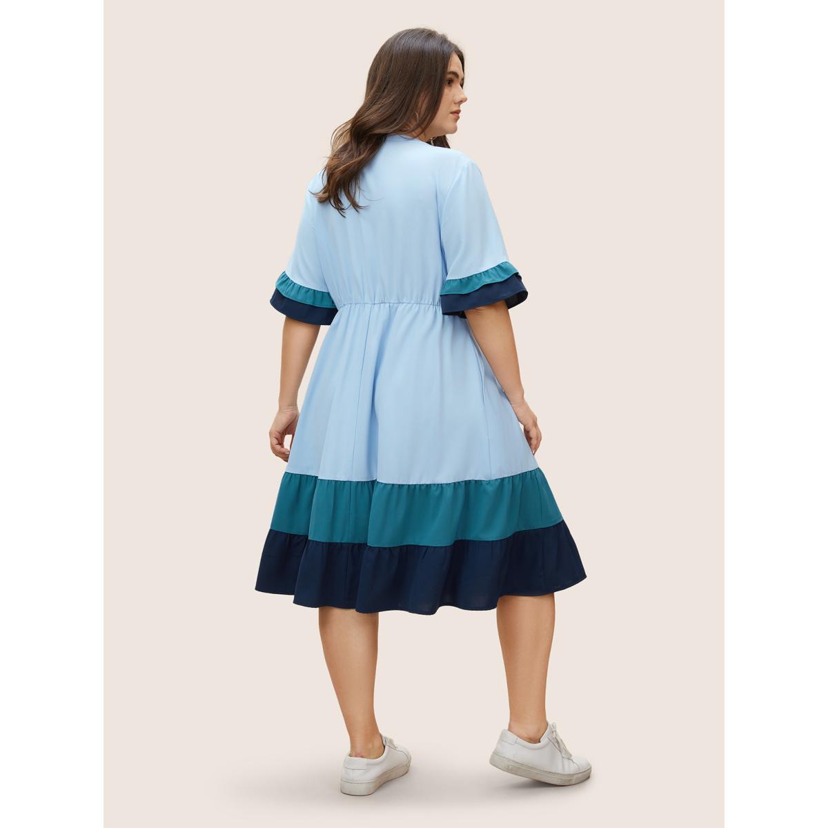 Plus Size Colorblock Contrast Tie Knot Ruffles Dress DarkBlue Women Casual Tucked seam Notched collar Half Sleeve Curvy BloomChic 12/L Product Image