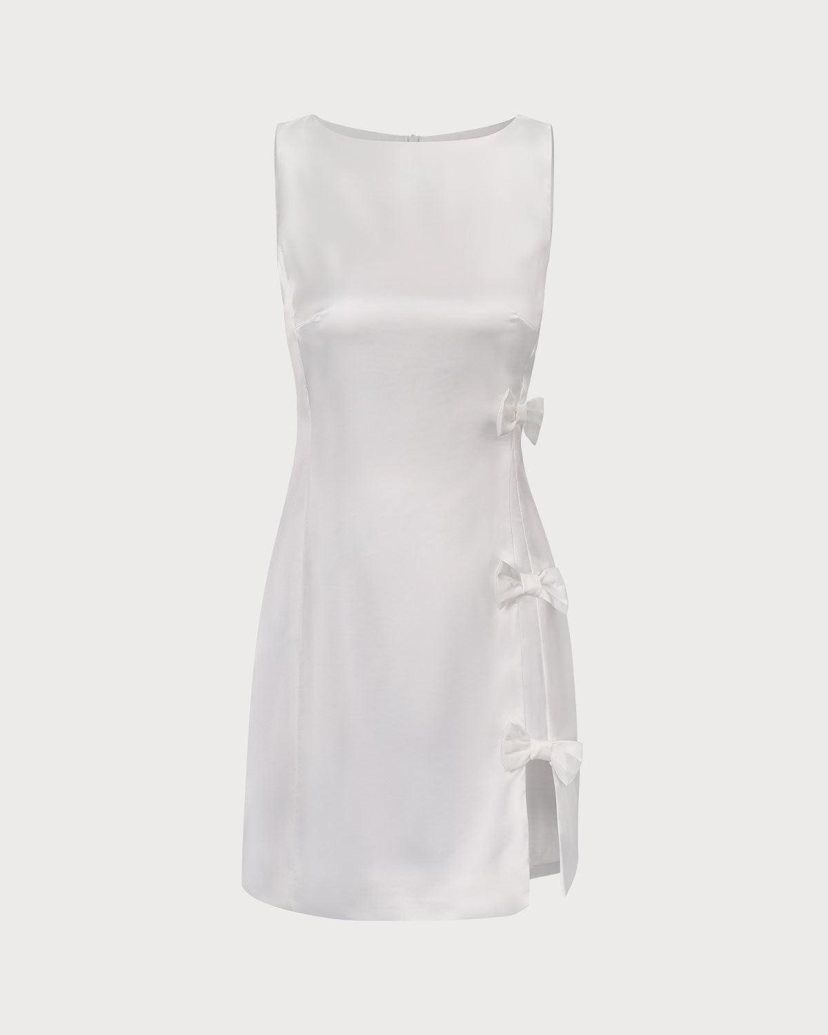 The White Boat Neck Bowknot Satin Mini Dress Product Image