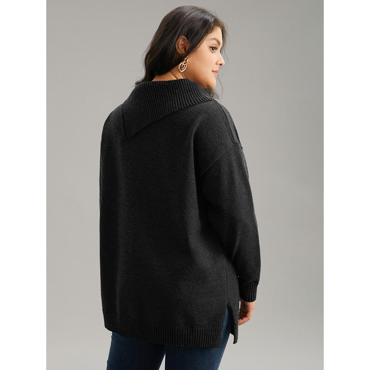 Plus Size Supersoft Essentials Asymmetrical Neck Button Detail Pullover Black Women Leisure Loose Long Sleeve Asymmetrical Neck Casual Pullovers BloomChic 30/6X Product Image