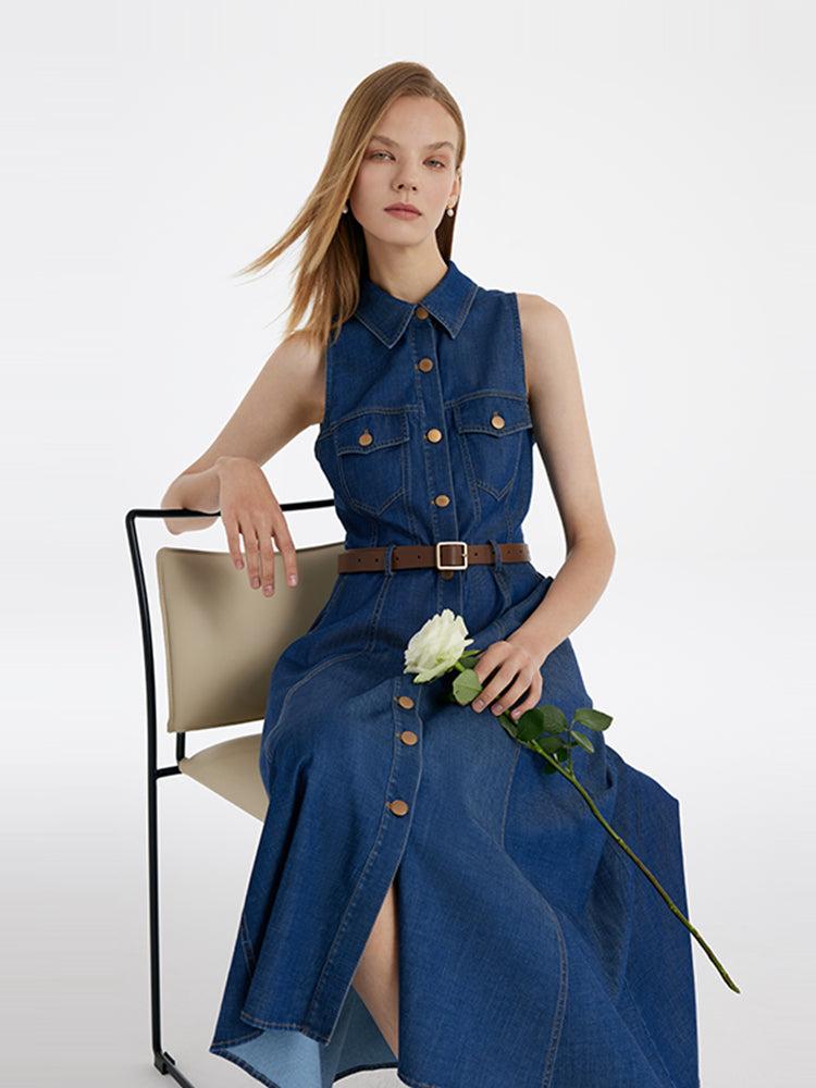 Denim Lapel Women Midi Vest Dress With Belt Product Image