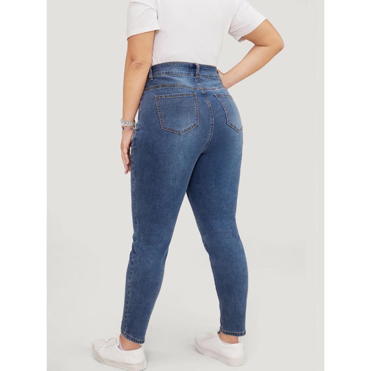 Plus Size Skinny Very Stretchy High Rise Medium Wash Ankle Jeans Women Blue Casual Plain High stretch Pocket Jeans BloomChic 14/1X Product Image