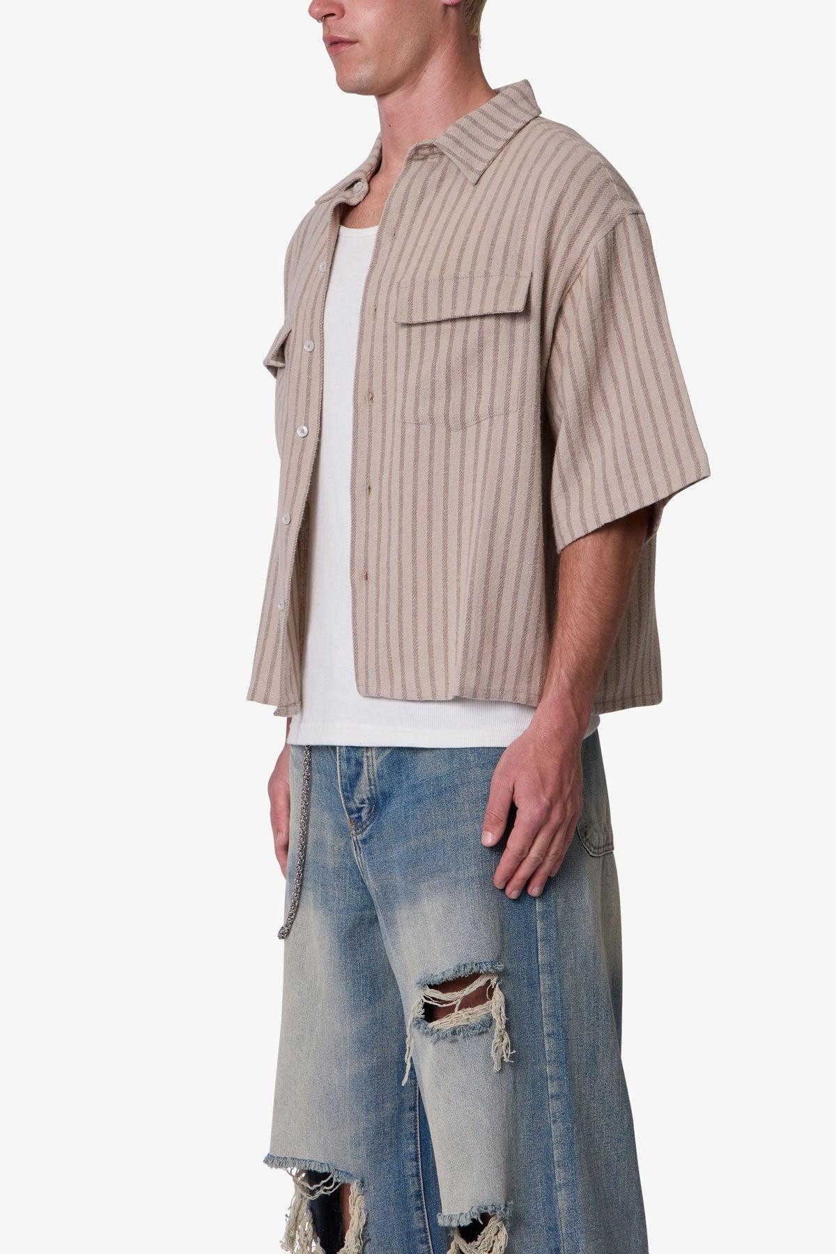 Cropped Boxy Striped S/S Shirt - Khaki Product Image