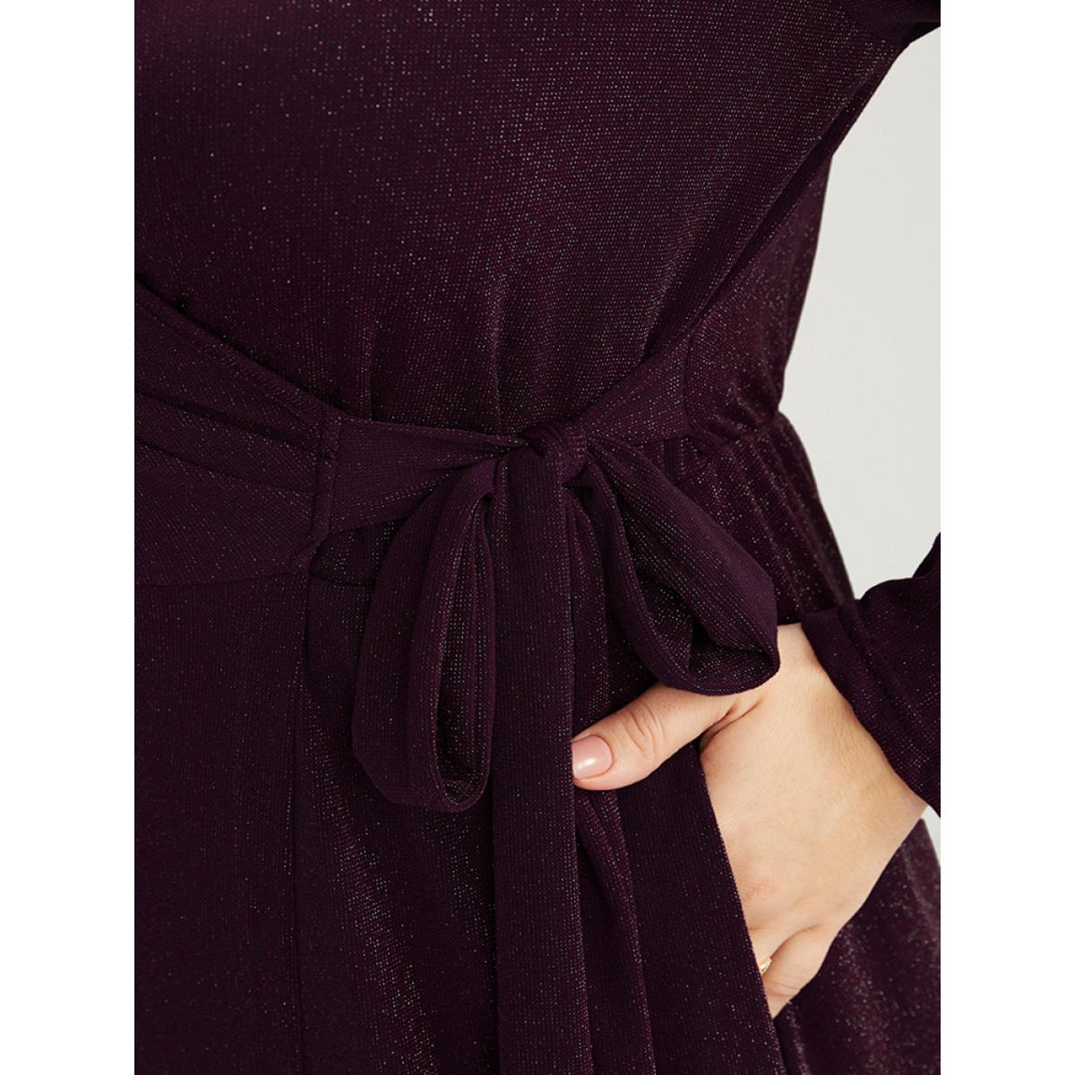 Plus Size Sequin Wrap Knotted Side Pocket Asymmetrical Hem Dress Eggplant Women Party Knotted V-neck Long Sleeve Curvy Midi Dress BloomChic 30/6X Product Image