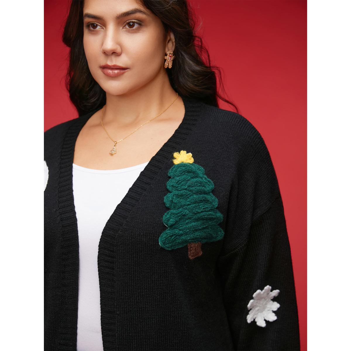 Plus Size Holiday Hand-Crocheted Motifs V-Neck Cardigan Black Women Casual Loose Long Sleeve Everyday Cardigans BloomChic 28/5X Product Image