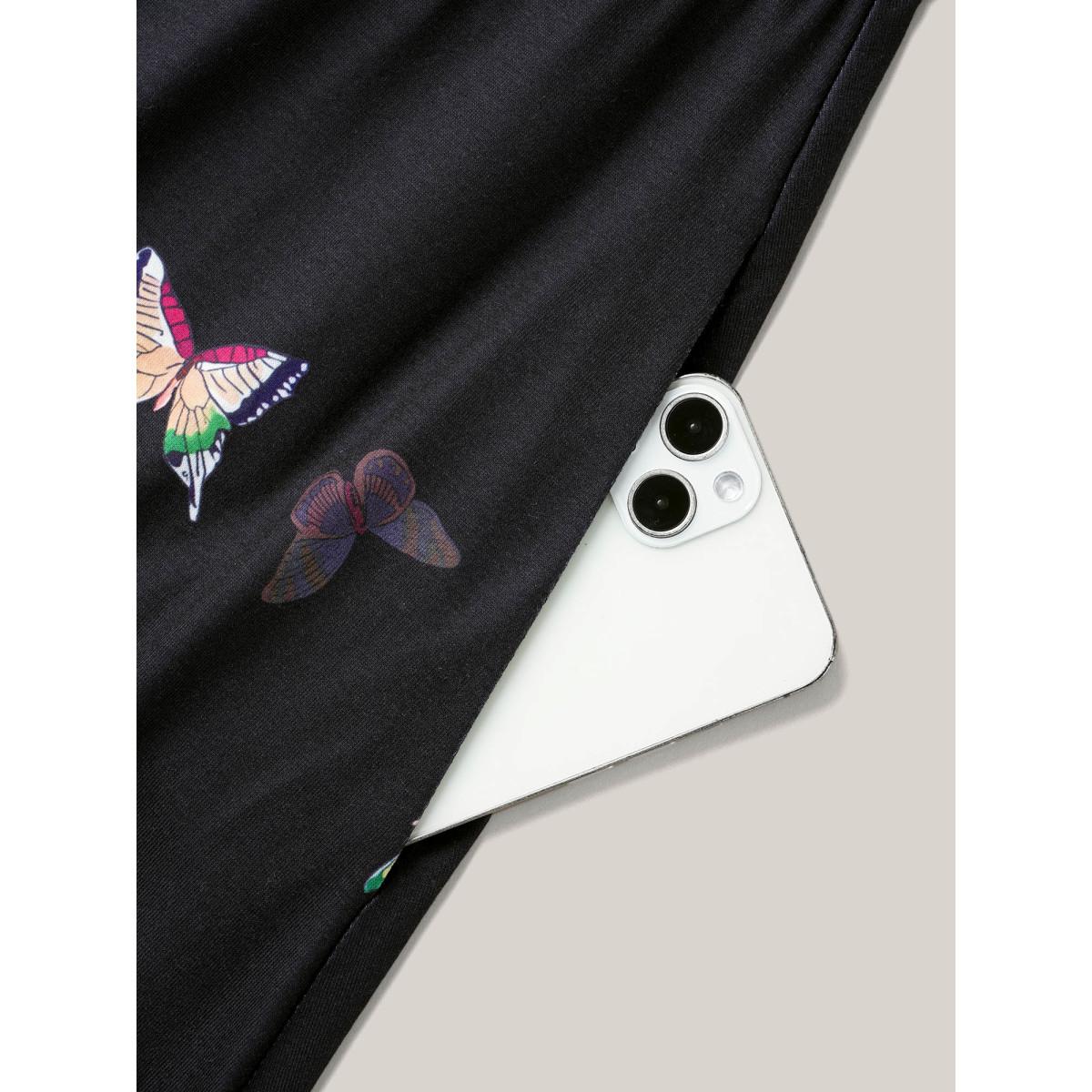 Plus Size Butterfly Print V-Neck Lace Midi Dress Multicolor Women Casual Woven ribbon&lace trim Knit Dresses Bloomchic 26/4X Product Image