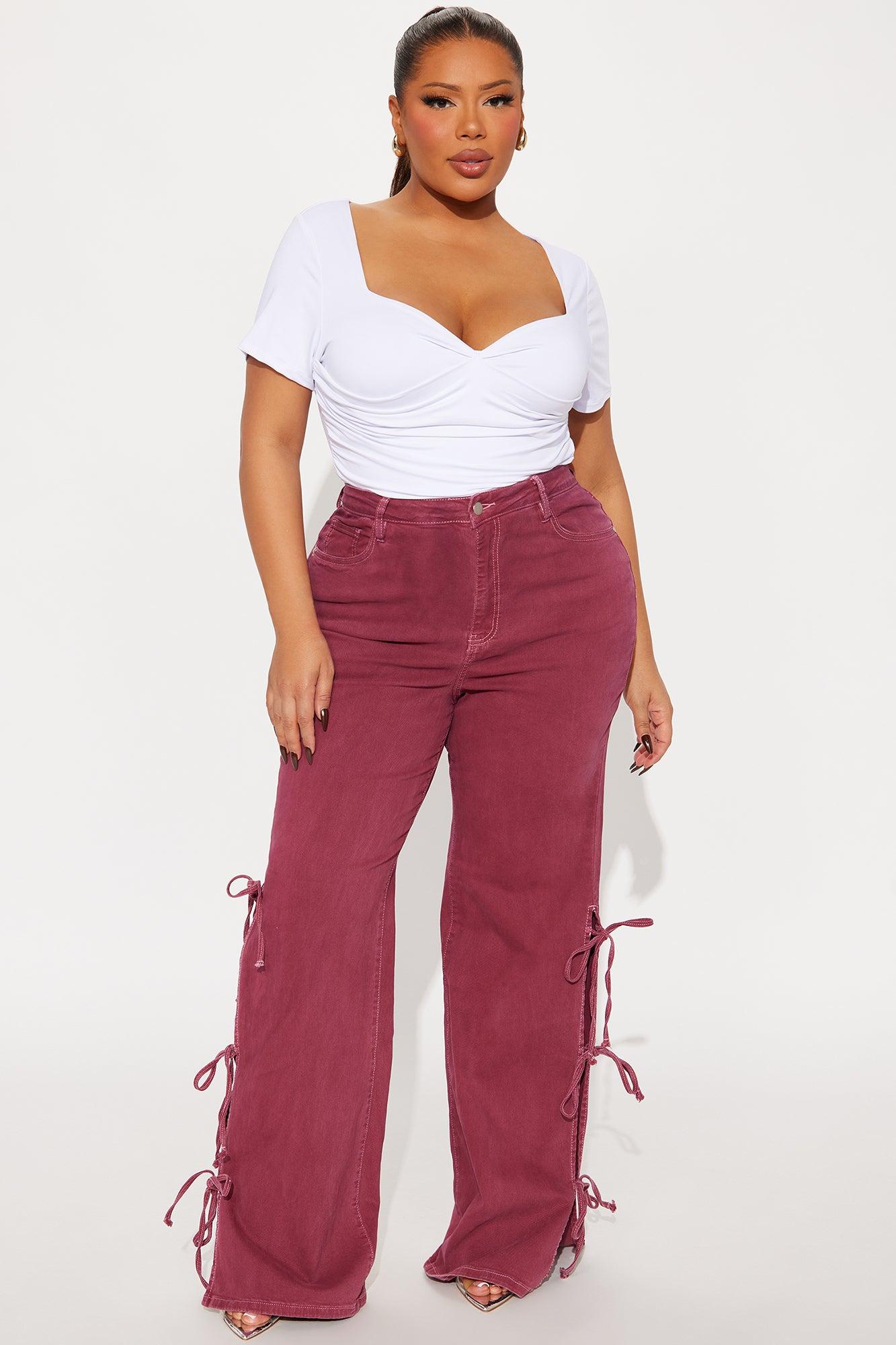 Fine Like Wine Side Tie Wide Leg Jeans - Burgundy Product Image