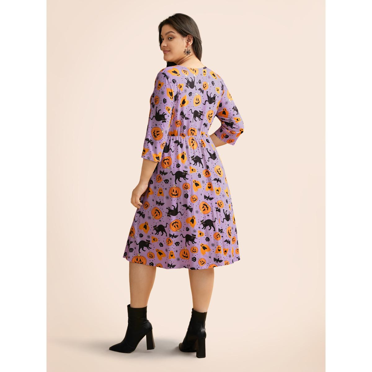 Plus Size Pumpkin Spiced Elastic Waist Printed Midi Dress Lilac Women Cocktail Non Party Curvy Bloomchic 12/L Product Image
