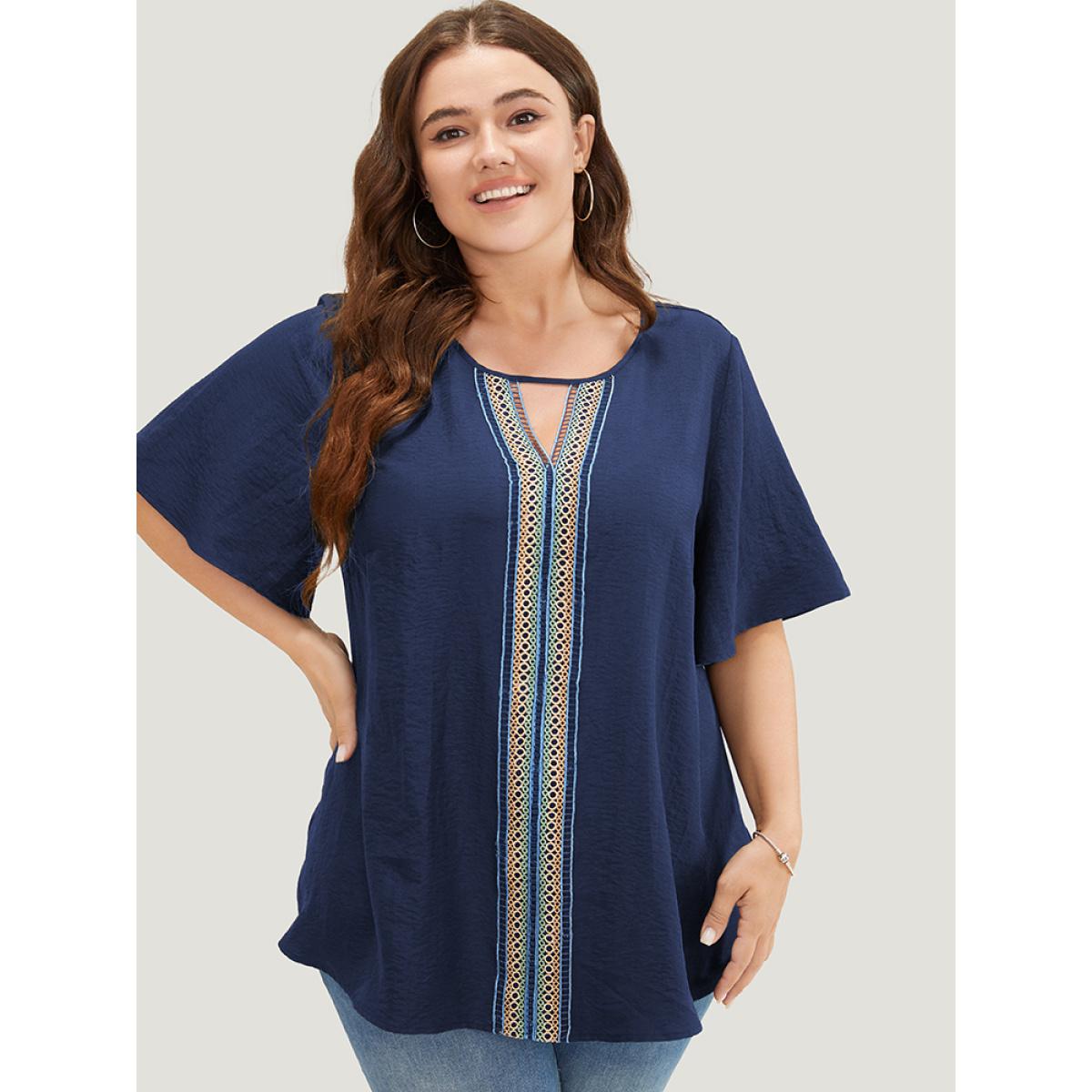 Plus Size Indigo Plain Contrast Tape Keyhole Neck Ruffle Sleeve Blouse Women Vacation Short sleeve Round Neck Dailywear Blouses BloomChic 10/M Product Image