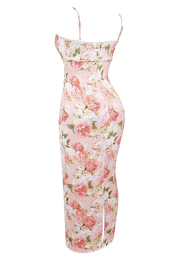 Josefina  pink peony print satin maxi dress Product Image