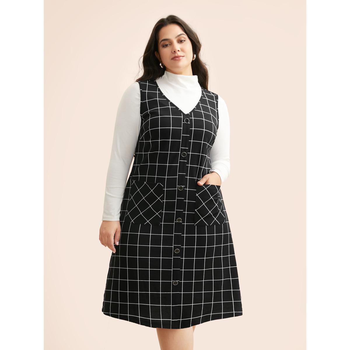 Plus Size Plaid V Neck Button Detail Dress Black Women Casual Button V-neck Sleeveless Curvy BloomChic 22-24/3X Product Image