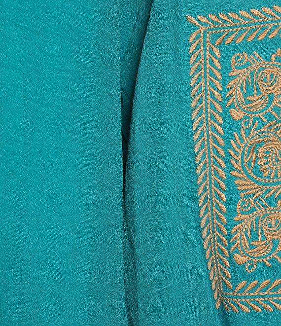 Calessa Petite Size Crinkle Textured Foulard Embroidered Split V-Neck 3/4 Sleeve Tunic Product Image