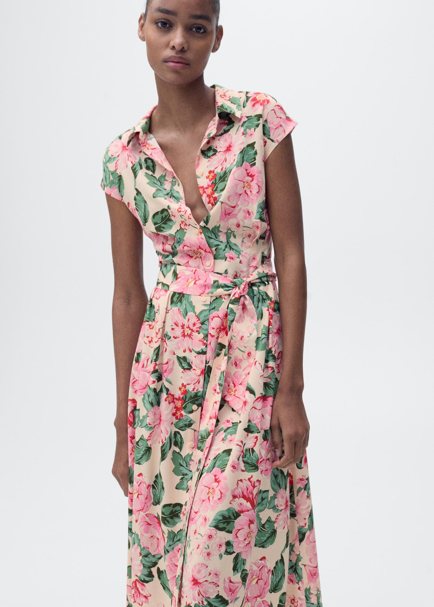 Printed shirt dress with belt - Women | MANGO USA Product Image