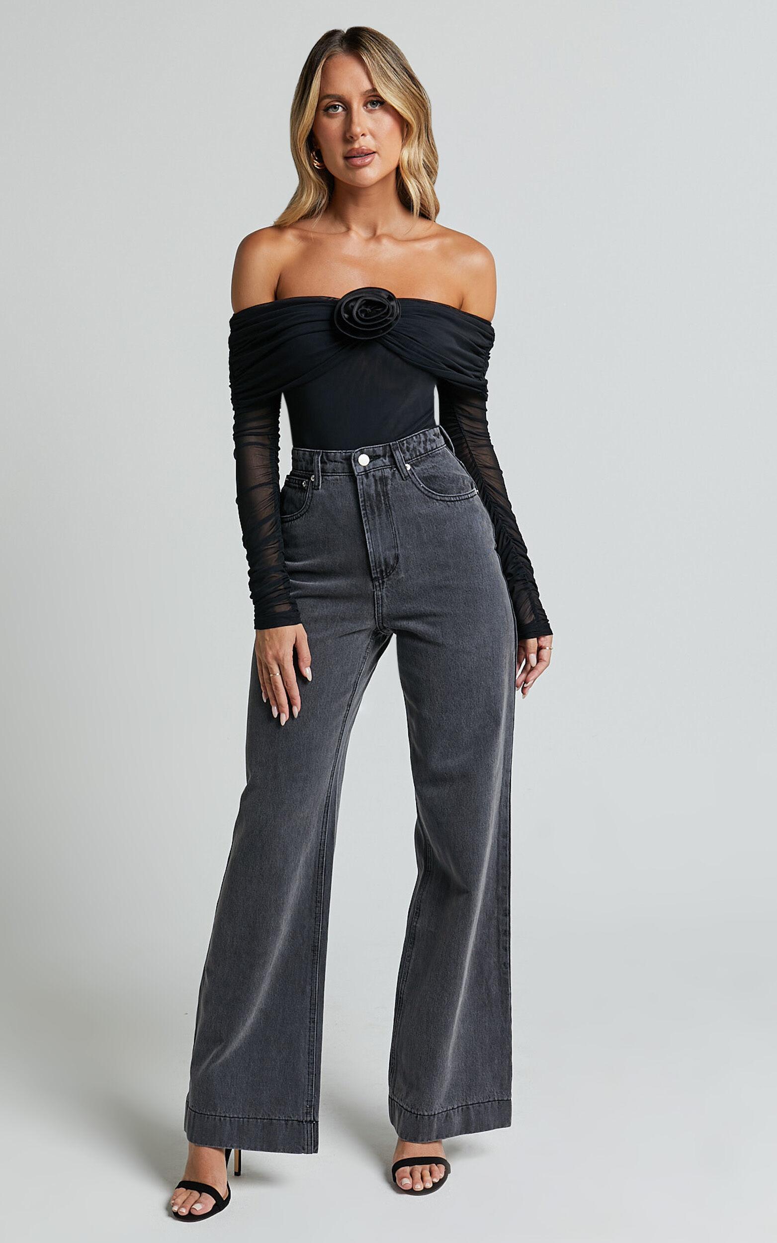 Seraphina Bodysuit - Off Shoulder Long Sleeve Detachable Rosette Mesh Bodysuit in Black Product Image