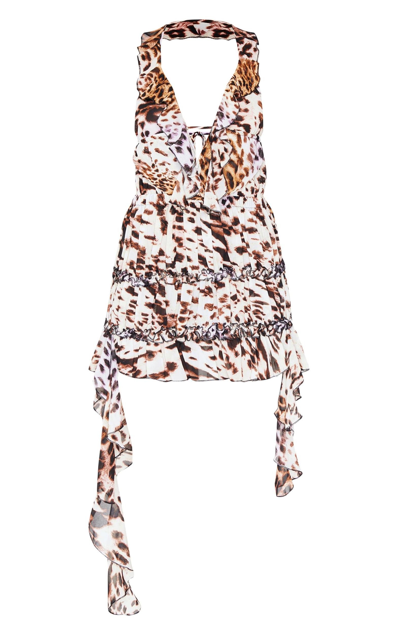 Brown Leopard Printed Chiffon Frill Bodycon Dress Product Image