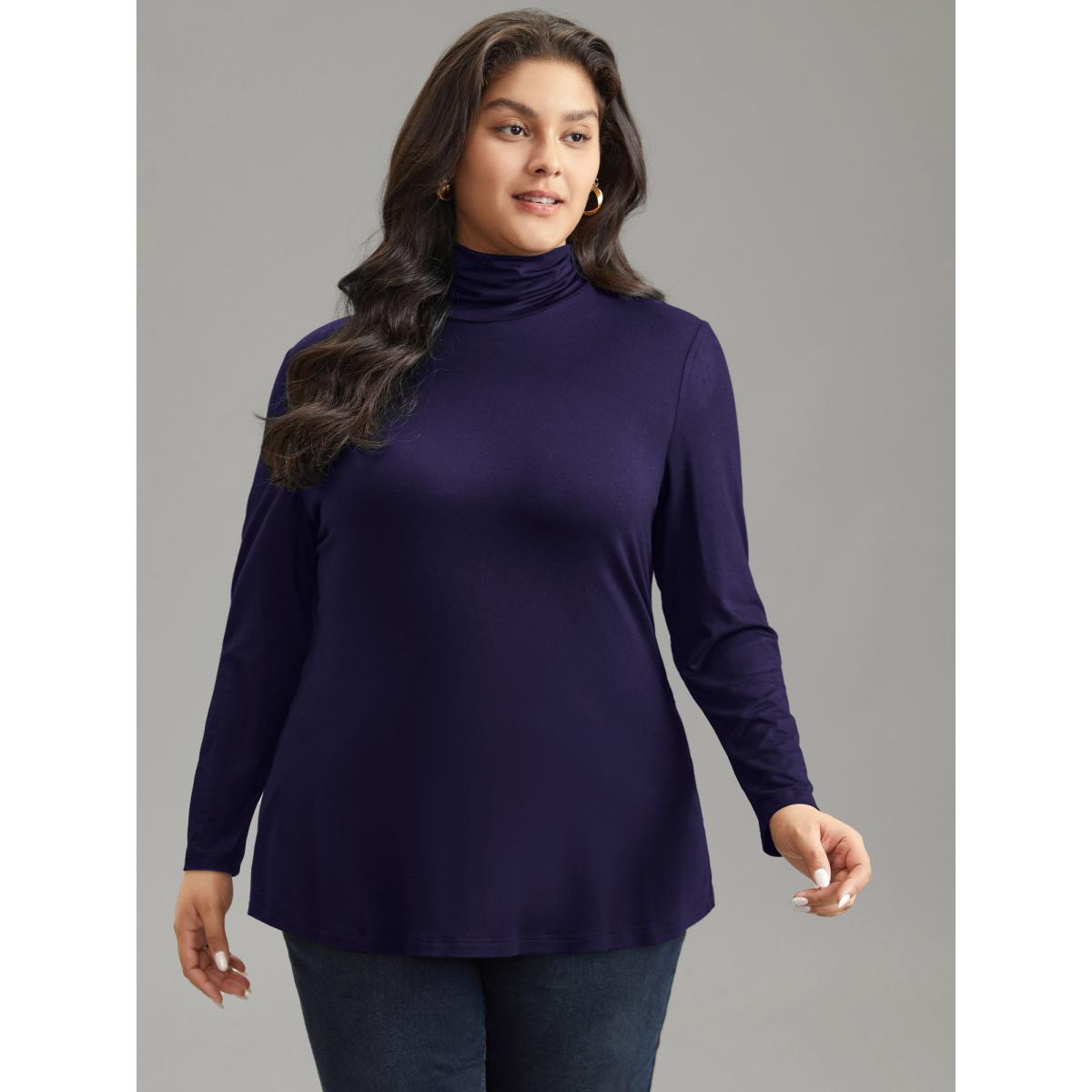 Plus Size Supersoft Essentials Solid Funnel Neck Knit T-shirt Indigo Women Elegant Plain Plain Ruffled collar Bodycon Dailywear T-shirts BloomChic 28/5X Product Image