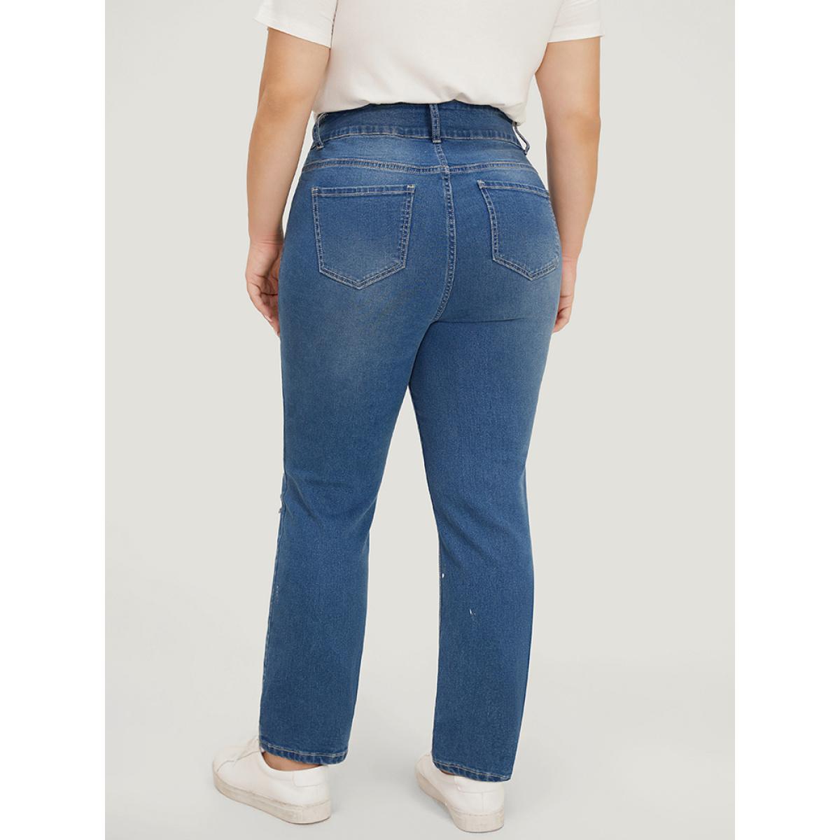 Plus Size Very Stretchy High Rise Medium Wash Paint Patched Jeans Women Blue Casual Plain Printed High stretch Pocket Jeans BloomChic 22/3X Product Image