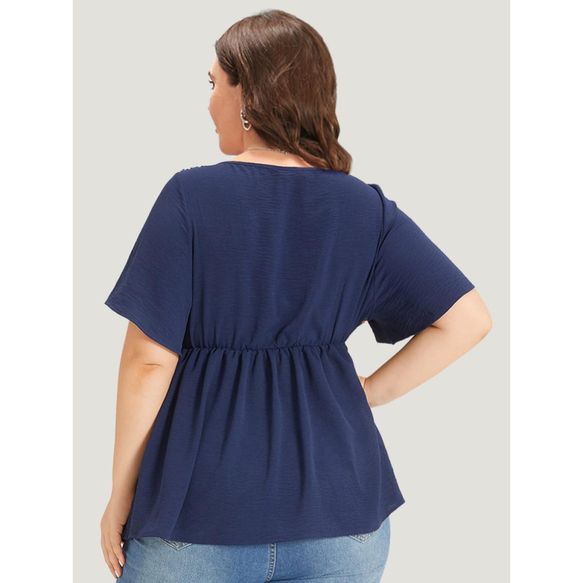 Plus Size Indigo Knit Patchwork Gathered Flutter Sleeve Blouse Women Elegant Short sleeve Square Neck Dailywear Blouses BloomChic 12/L Product Image