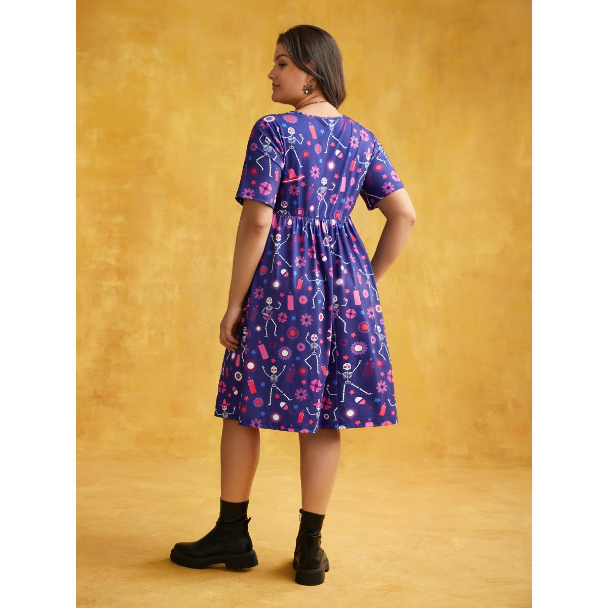 Plus Size Musical Skeleton Waist-Cinching Dress DarkBlue Women Cocktail Non Party Curvy Bloomchic 12/L Product Image