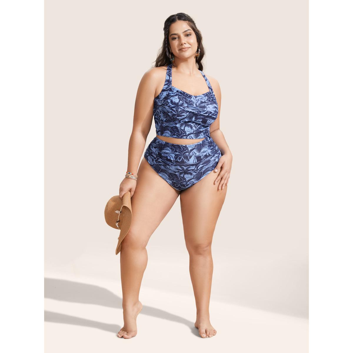Plus Size Tropical Coconut Tree Print Ruched Swim Bottom Women's Swimwear Indigo Beach Gathered High stretch Skinny High Rise Curve Swim Bottoms BloomChic 18-20/2X Product Image
