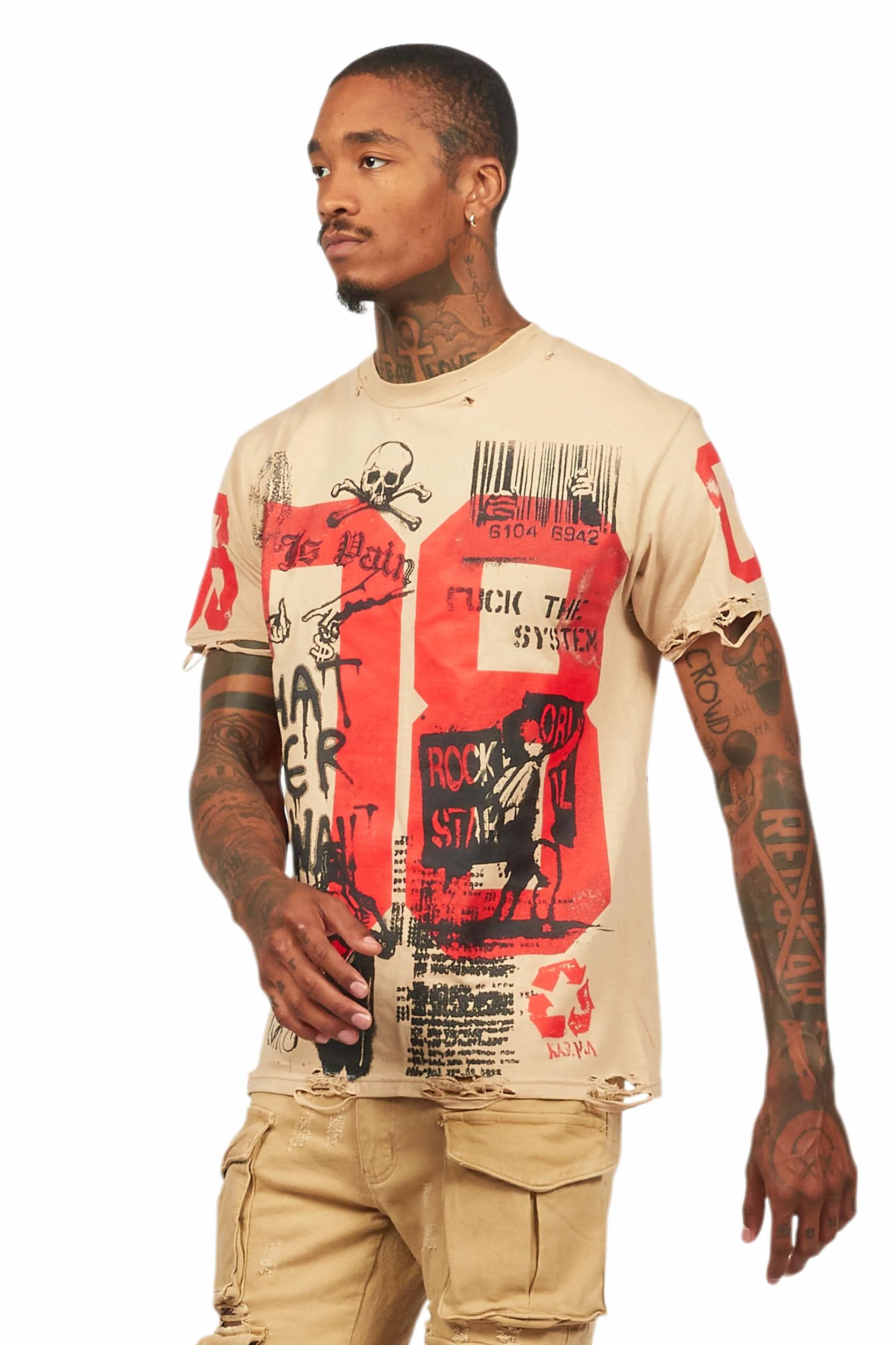 Grill Beige Graphic Oversized T-Shirt Male Product Image