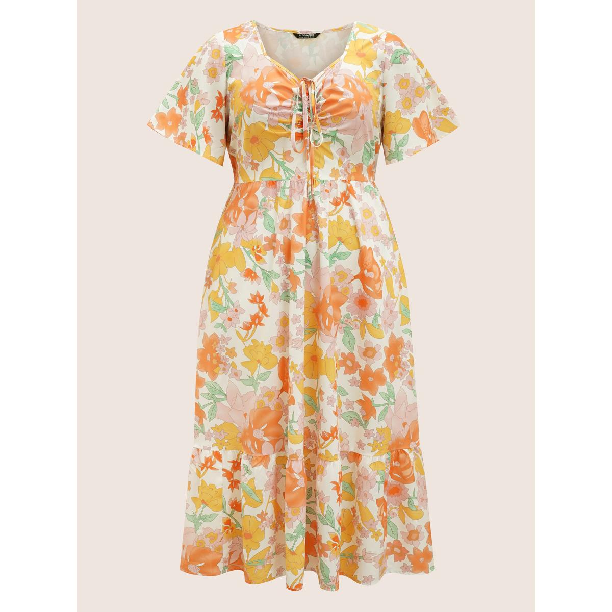 Plus Size V Neck Floral Drawstring Maxi Dress Multicolor Women Elegant Drawstring V-neck Short sleeve Curvy BloomChic 12/L Product Image