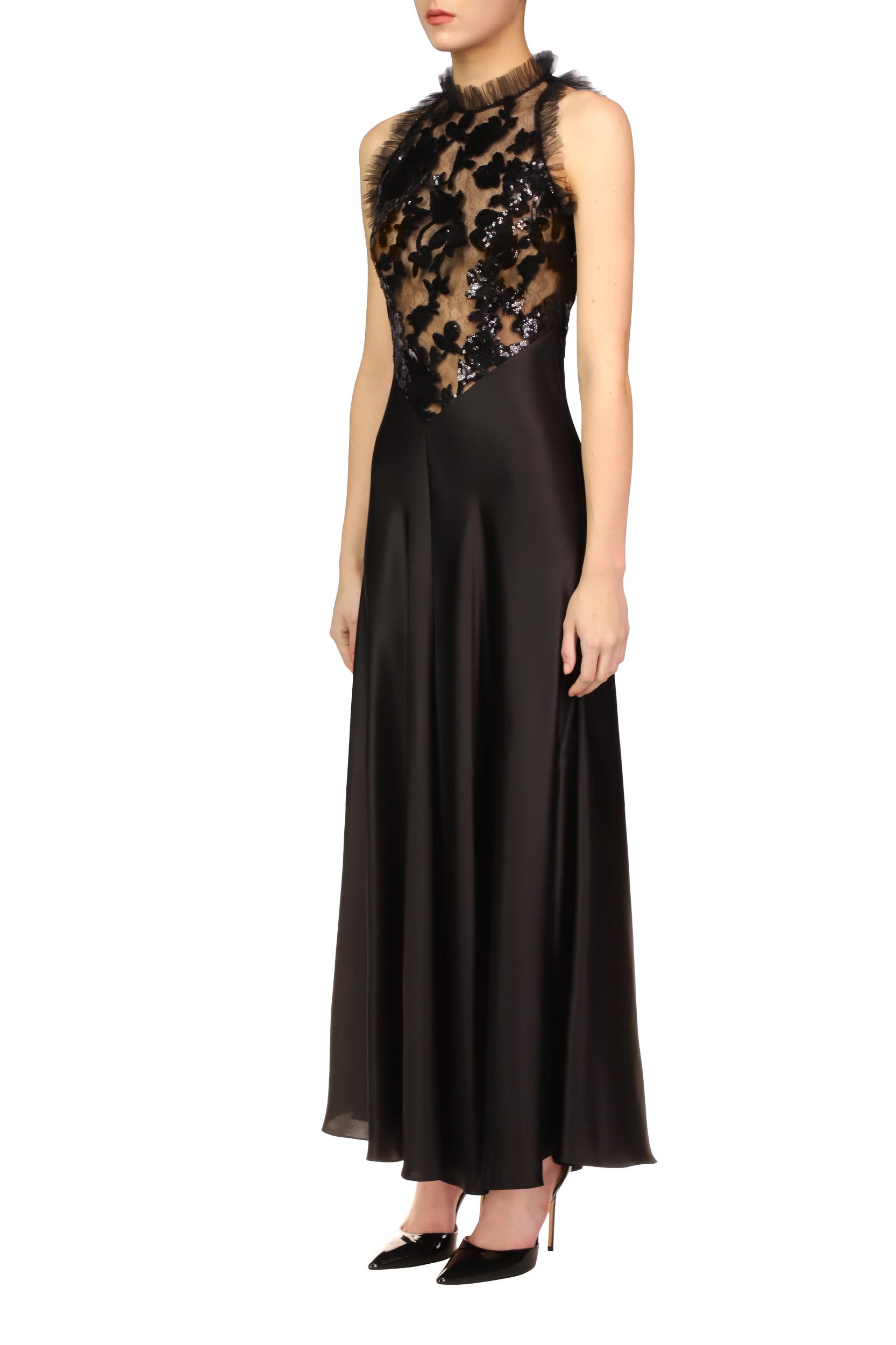 Black Silk Satin And Sequin Dress With Tulle Ruffle Detail Product Image