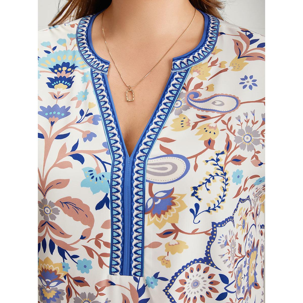 Plus Size Boho Print Pocket Notched Ruffle Hem Dolman Sleeve Dress LightBlue Women Vacation Notched collar Short sleeve Curvy Knee Dress BloomChic 28/5X Product Image