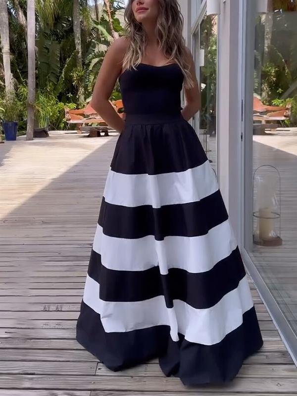A-Line High Waisted Contrast Color Pockets Striped Tube Maxi Dresses Product Image
