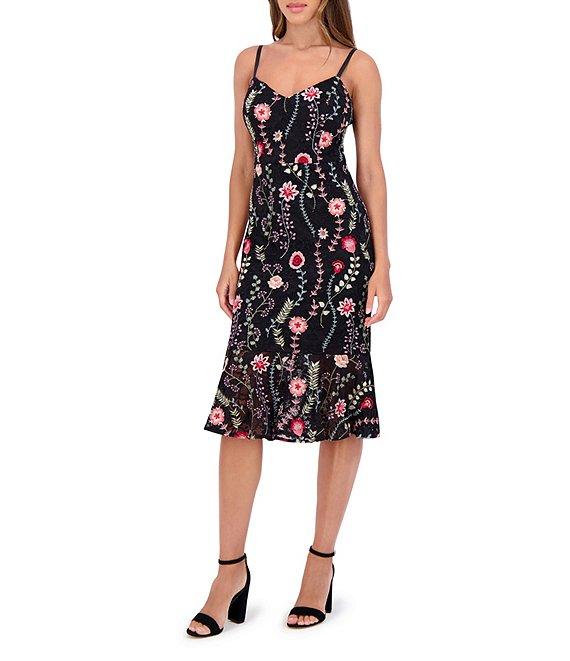 SIENA V-Neck Spaghetti Strap Floral Embroidered Lace Sheath Ruffle Hem Midi Dress Product Image