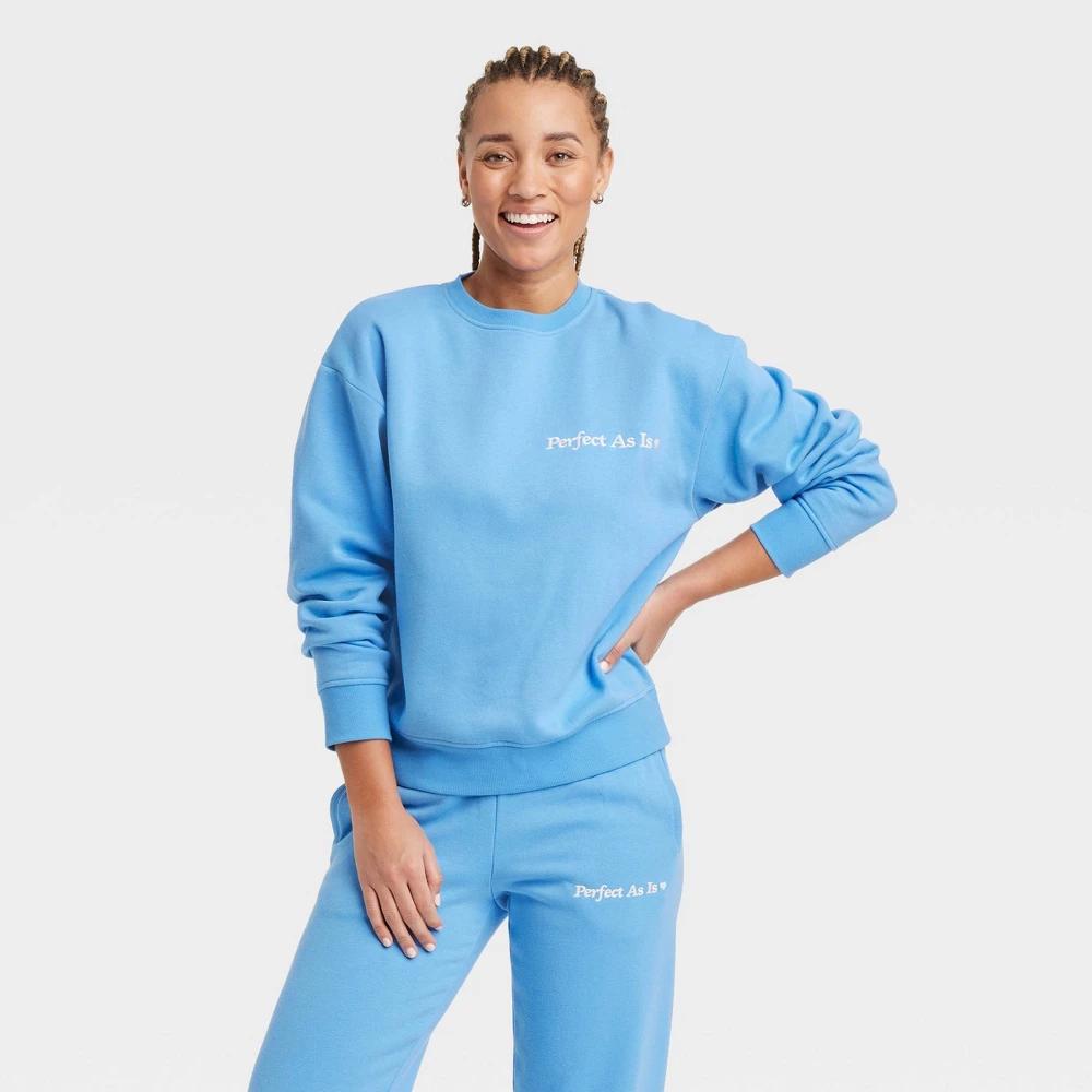 Women's Leisure Studio Graphic Pullover Sweatshirt - Universal Thread™ Blue Letters 1X: Cotton Knit Crew Neck Product Image