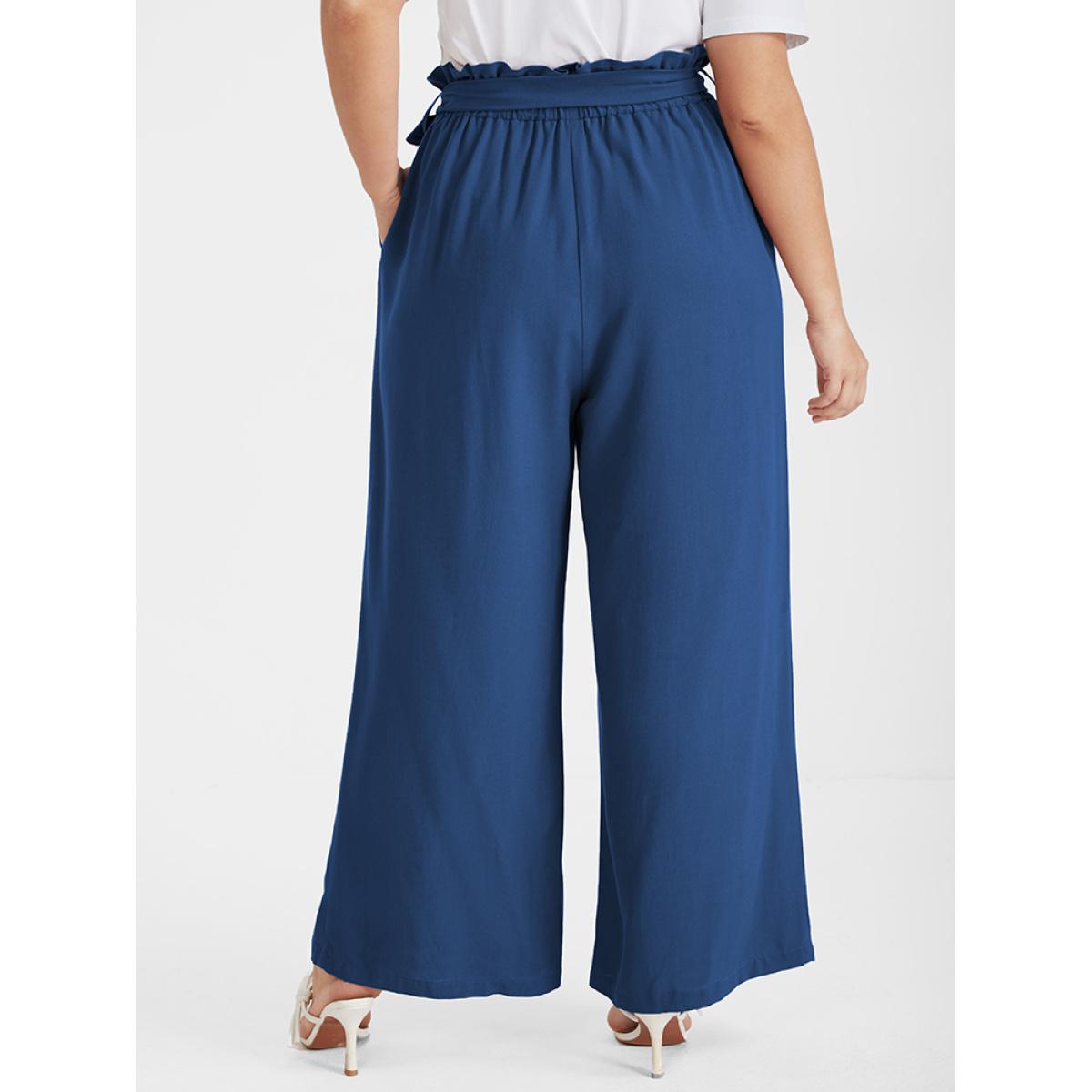 Plus Size Solid Pocket Belted Straight Pants Women DarkBlue Elegant Loose High Rise Dailywear Pants BloomChic 30/6X Product Image