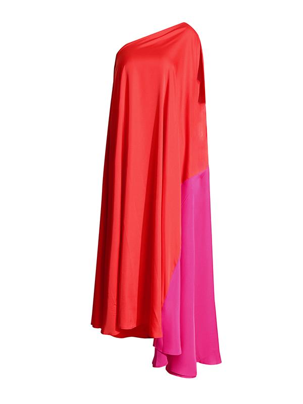 High Waisted Loose Asymmetric Contrast Color Split-Joint One-shoulder Maxi Dresses Product Image