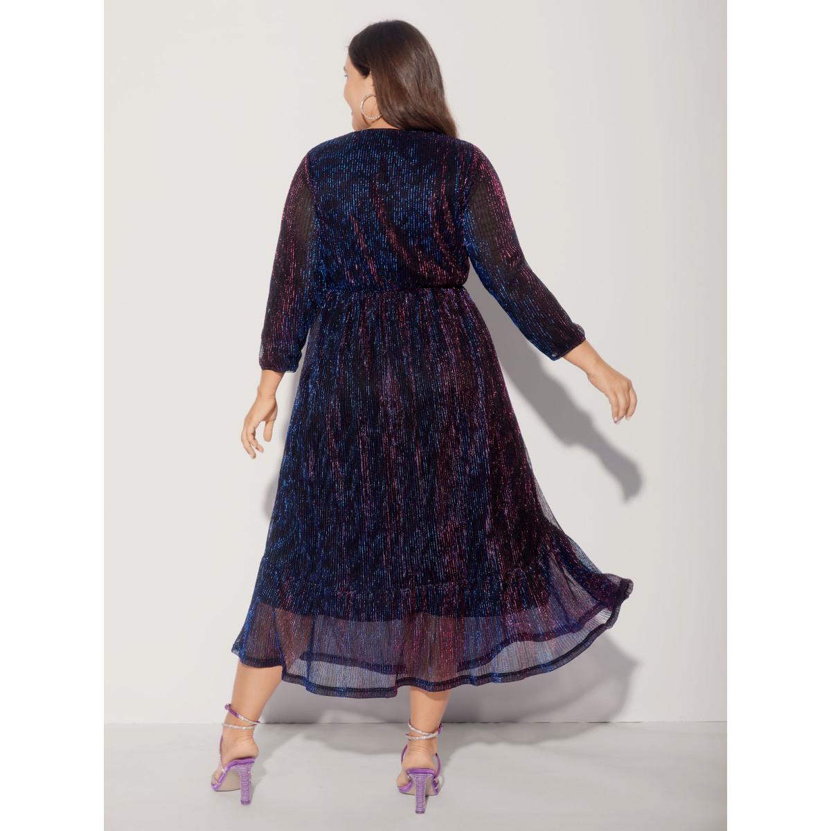 Plus Size Luxe Mesh Pleated Elastic Waist Wrap Dress Blackcurrant Women Party&Cocktail Texture Overlap Collar Elbow-length sleeve Curvy Midi Dress BloomChic 12/L Product Image