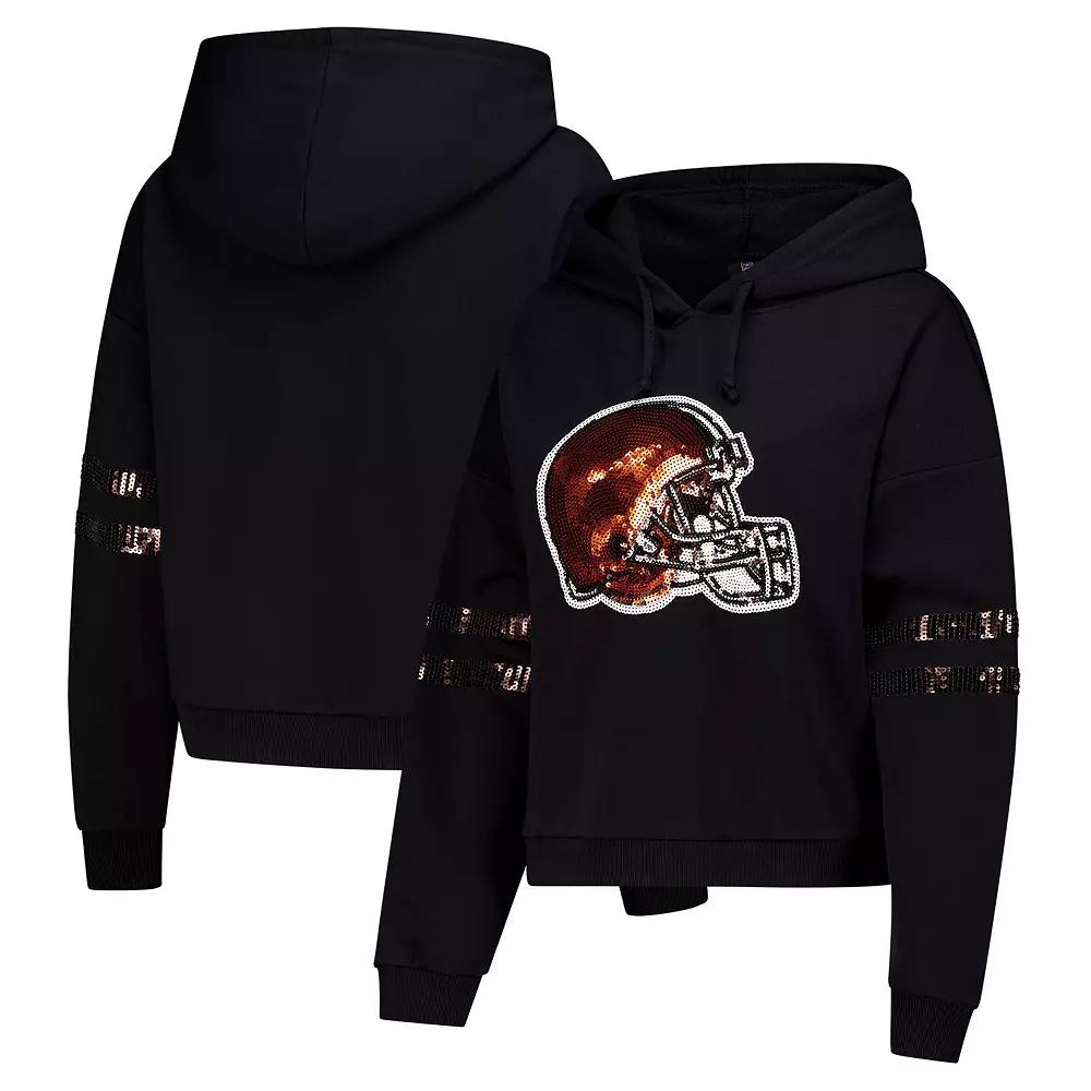 Women's Cuce Black Cleveland Browns Cropped Sequins Pullover Hoodie,  Product Image