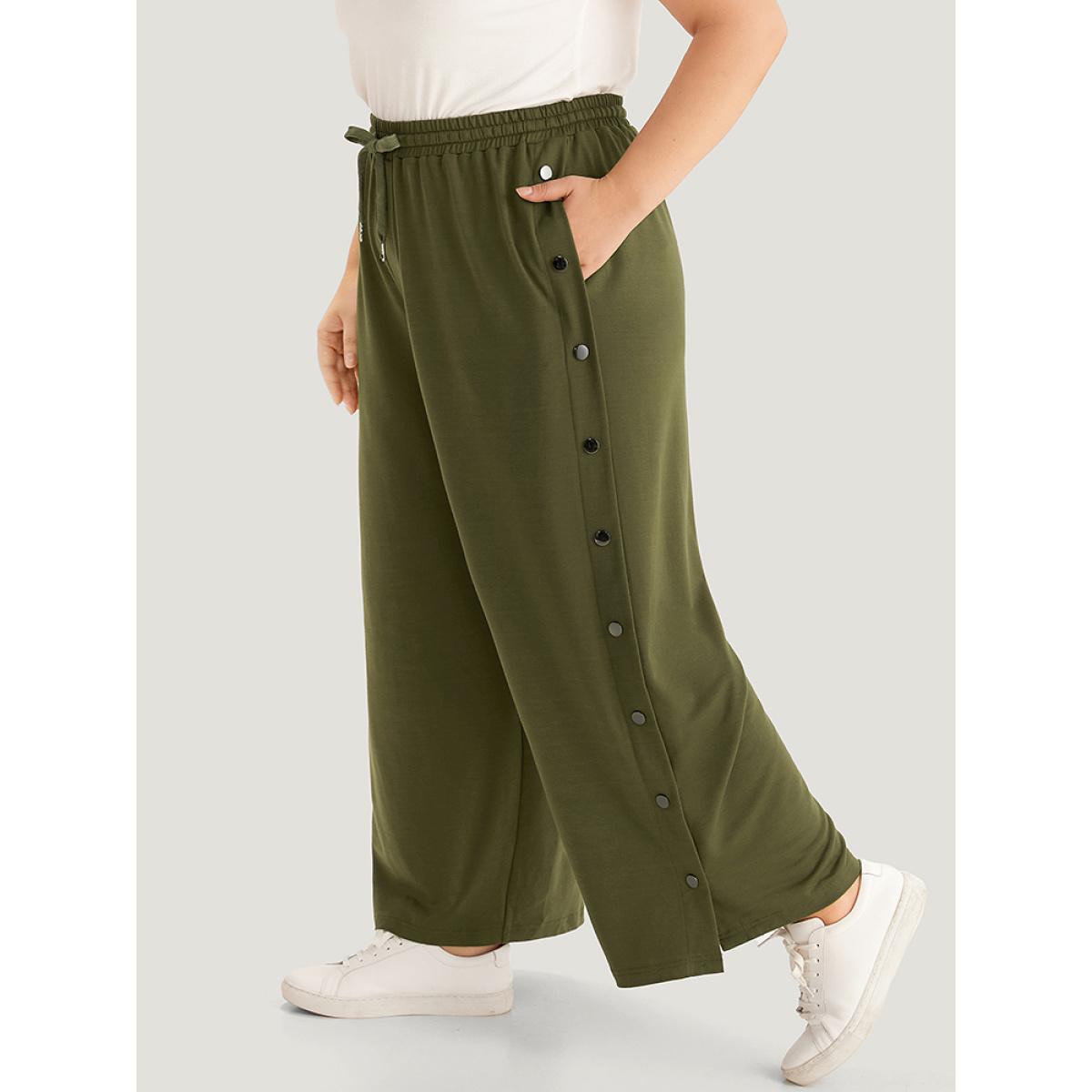 Plain Pocket Elastic Waist Button Detail Drawstring Sweatpants ArmyGreen Plus Size Women Casual Dailywear Plain 22-24/3X Bloomchic Product Image