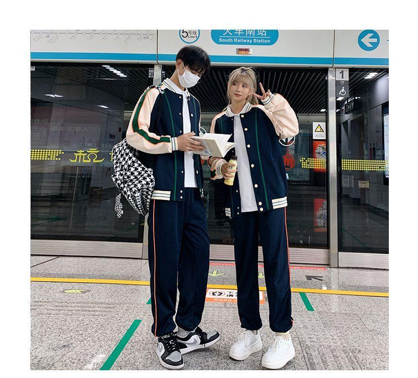 Couple Matching Crew Neck Striped Button Baseball Jacket / Harem Sweatpants / Short-Sleeve Striped Polo Shirt Product Image