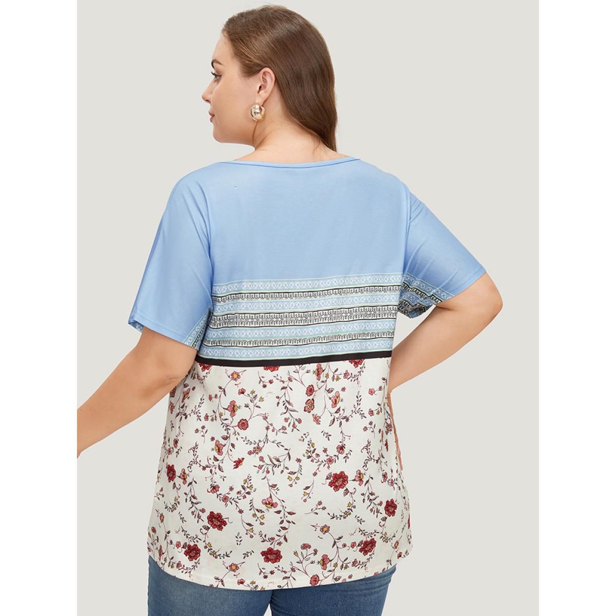 Plus Size Floral & Striped Batwing Sleeve Contrast T-shirt LightBlue Women Elegant Contrast Striped Round Neck Dailywear T-shirts BloomChic 30/6X Product Image