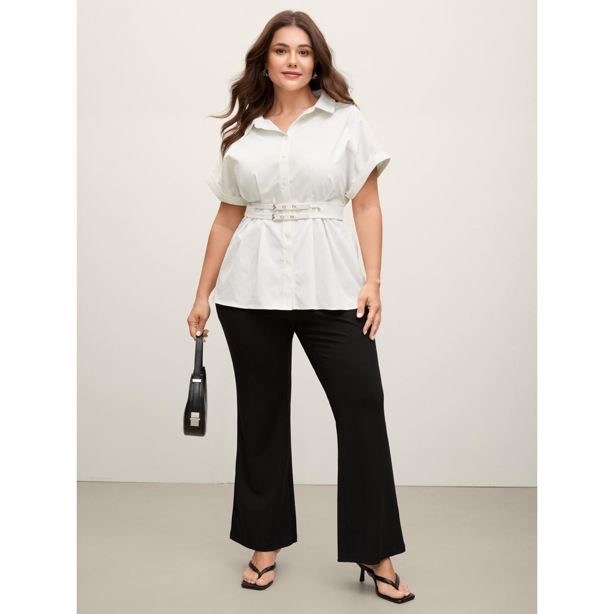 Plus Size Originalwhite Double Belt Waist-Cinched Shirred Blouse Women Office Short sleeve Shirt collar Office Blouses BloomChic 22-24/3X Product Image