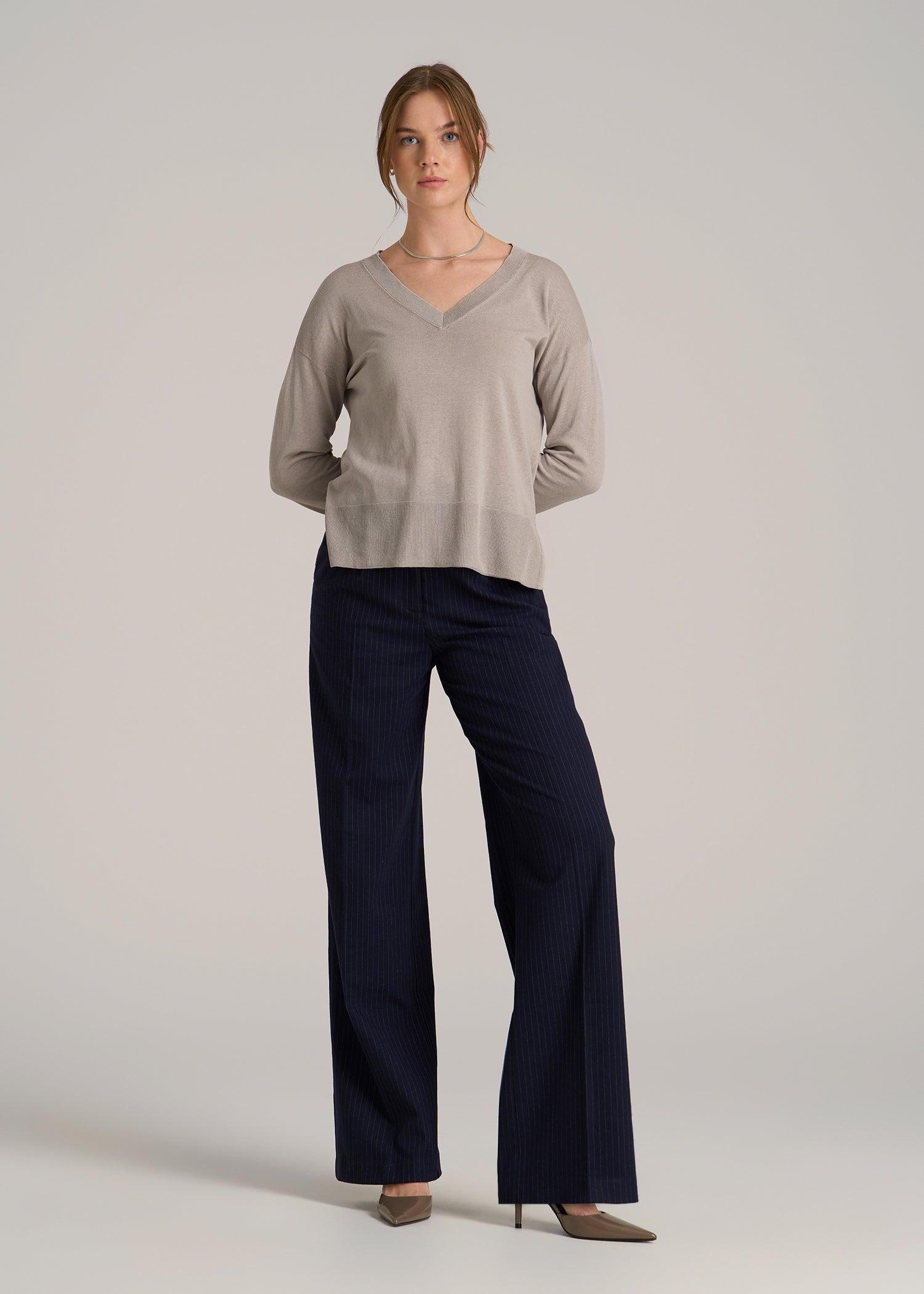 Linen Blend Split Hem V-Neck Sweater for Tall Women in Atmosphere Female Product Image