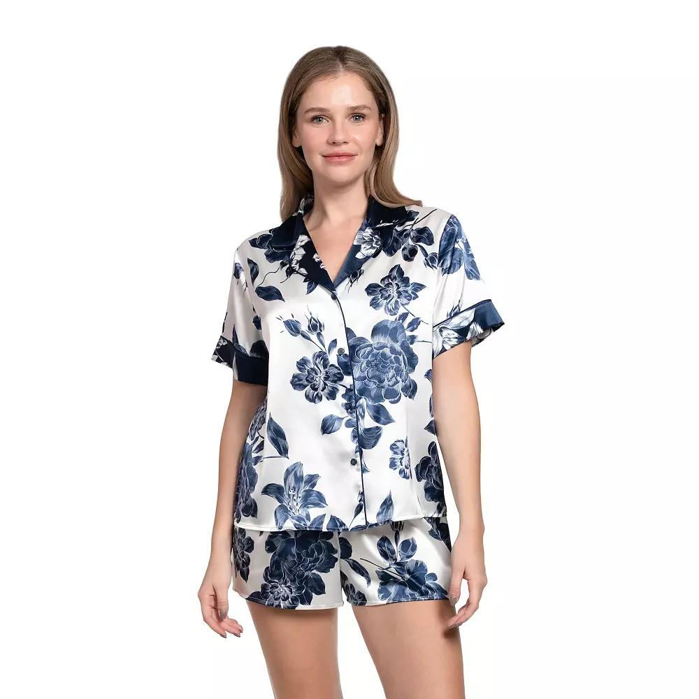 Women's Lilac+London 2-pc. Solid Satin Short Sleeve Pajama Top & Pajama Shorts Set, Size: XXL, White Navy Product Image