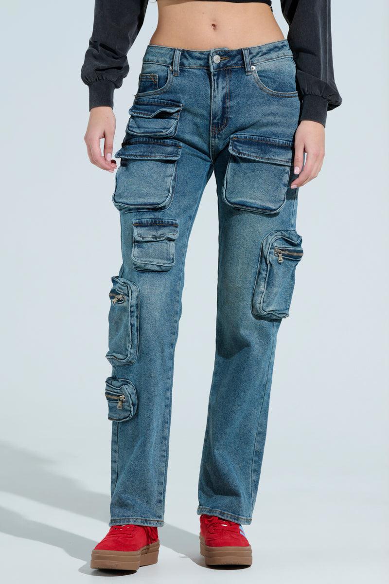 ALL OVER POCKET DETAIL RELAXED FIT JEANS IN MEDIUM BLUE DENIM Product Image