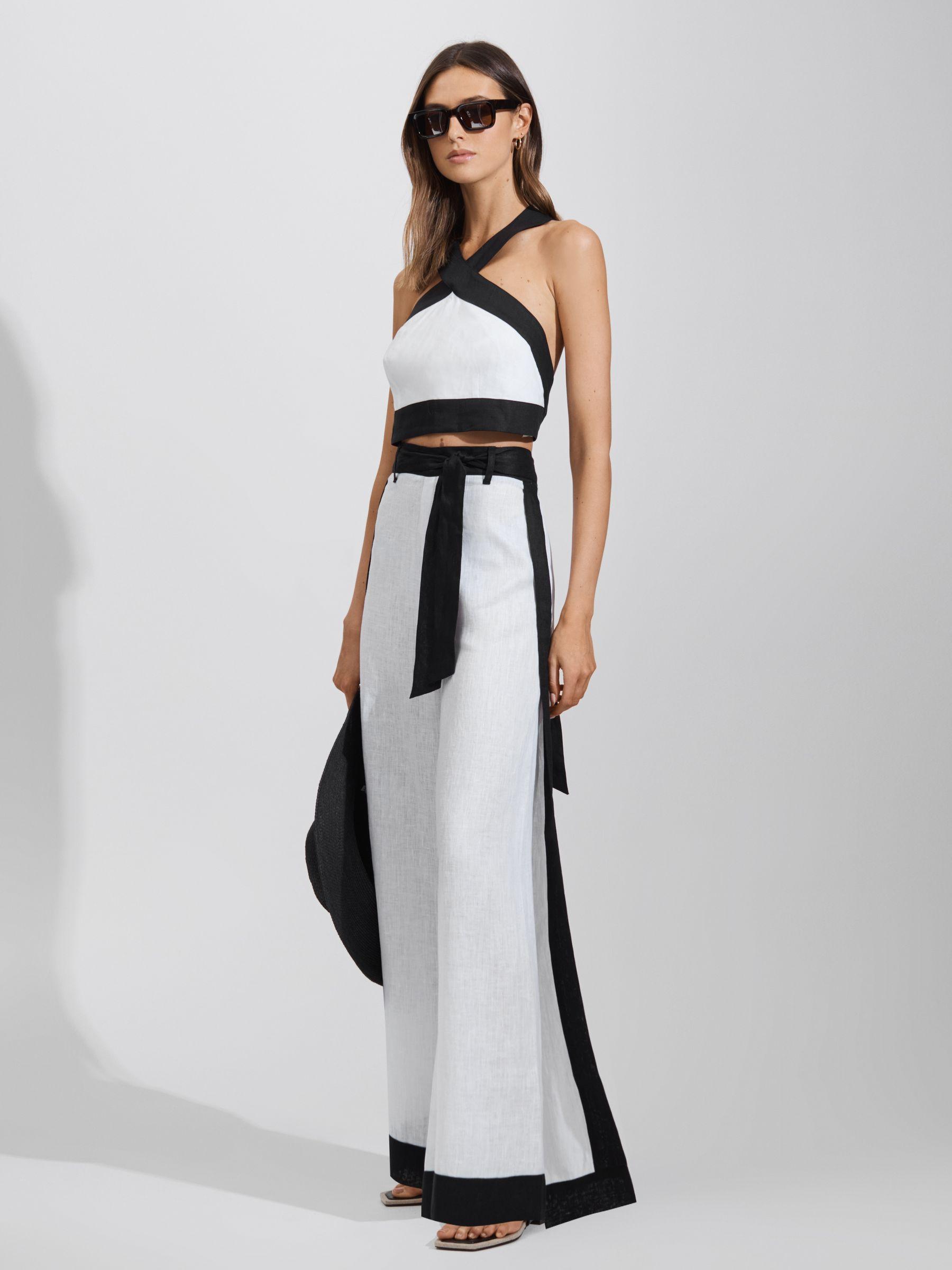 Linen Side Split Trousers in White/Navy Product Image