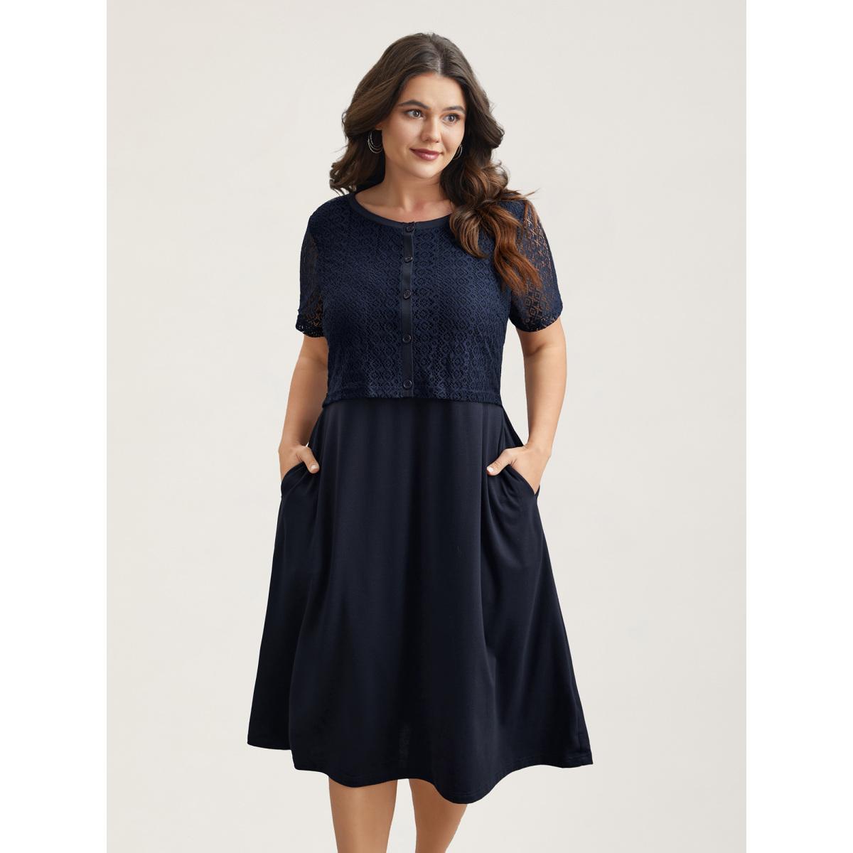 Plus Size 2-in-1 Spliced Button-Front Midi Dress DarkBlue Women Casual Woven ribbon&lace trim Round Neck Short sleeve Curvy BloomChic 18-20/2X Product Image
