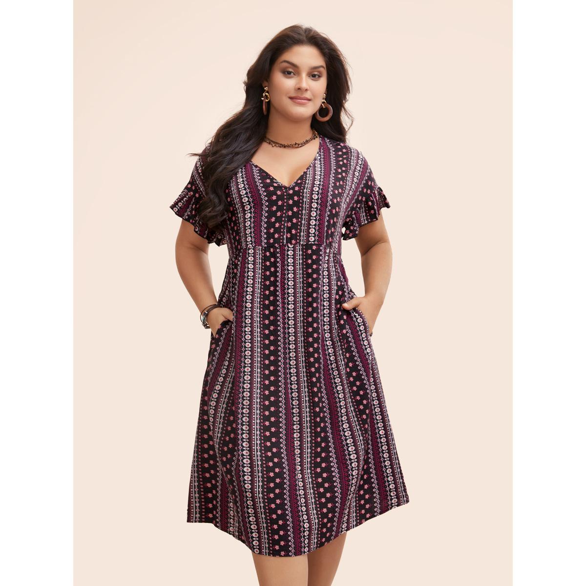 Plus Size Bandana Print Pocket V Neck Ruffle Sleeve Dress Purple Women Vacation Printed V-neck Short sleeve Curvy Midi Dress BloomChic 30/6X Product Image