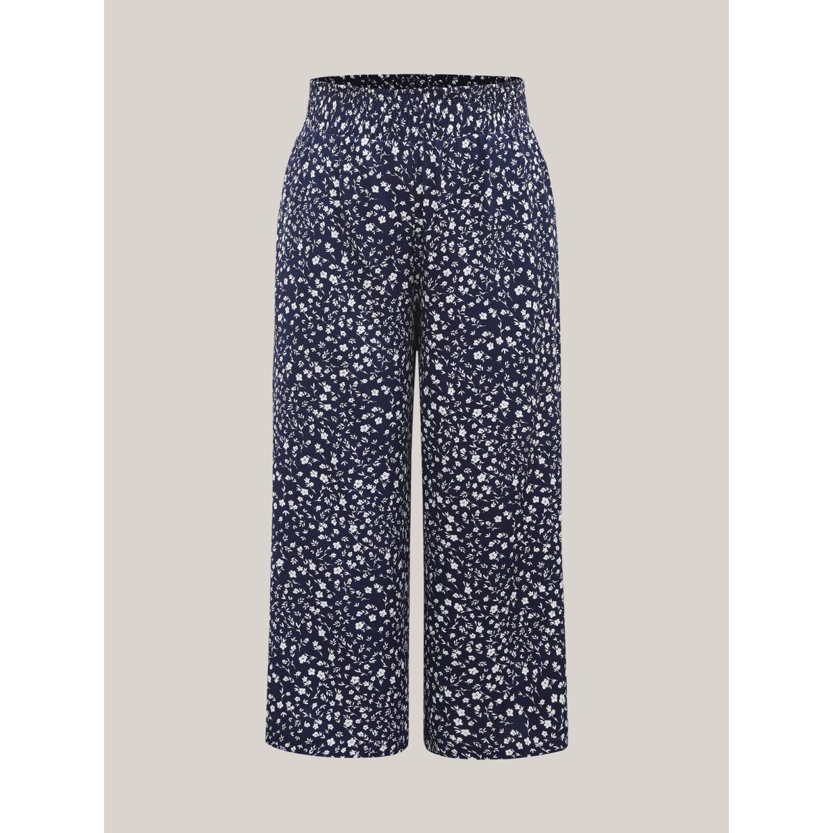 Plus Size Ditsy Floral Print Shirred Wide-Leg Pants Women Indigo Elegant Wide Leg Mid Rise Everyday Pants BloomChic 18-20/2X Product Image