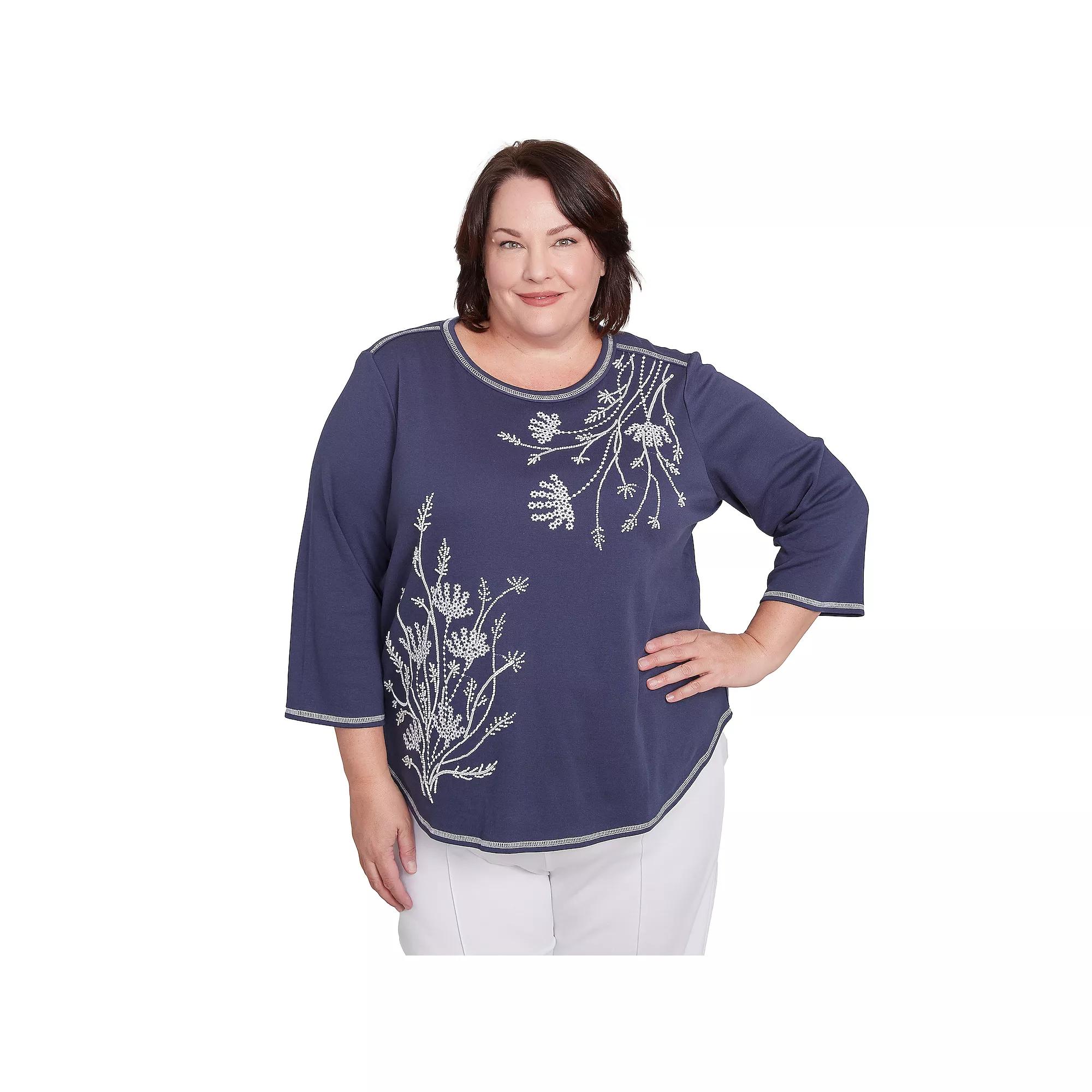 Plus Size Alfred Dunner Asymmetric Floral Embroidered Top, Women's, Size: 3XL, Marine Blue Product Image